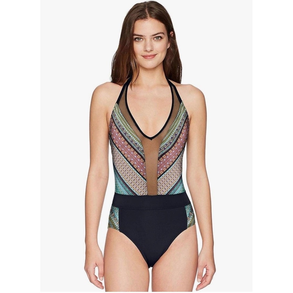 Bleu Rod Beattie Baja Bazaar Mesh V-Neck Halter One Piece Swimsuit 14 NWT - Picture 2 of 8